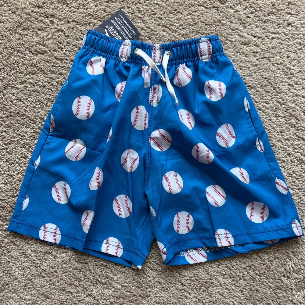 Blue Baseball Print Swim Shorts